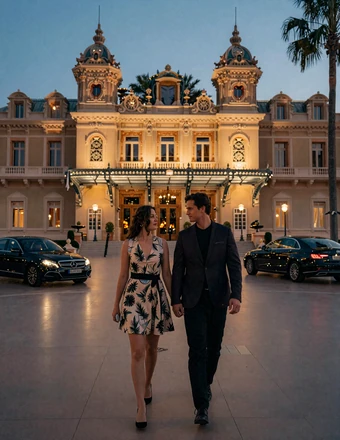 Elegant couple walking through Casino Square in Monte Carlo at twilight with the illuminated Casino behind
