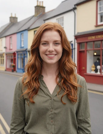 Irish woman with auburn hair smiling warmly on a colorful village street in Ireland