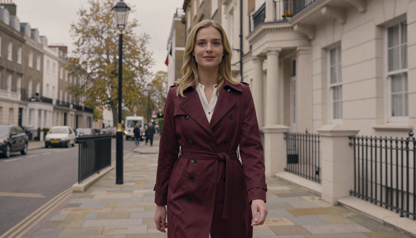 Elegant British woman walking through a historic London street lined with Georgian architecture
