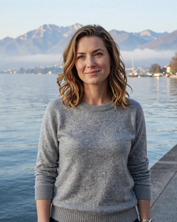 Viktoria, 35, Austrian woman from Bregenz on the lakefront with Lake Constance and mountains behind