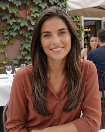 Giulia, 29, Italian woman from Rome smiling warmly at an outdoor trattoria with ivy-covered walls