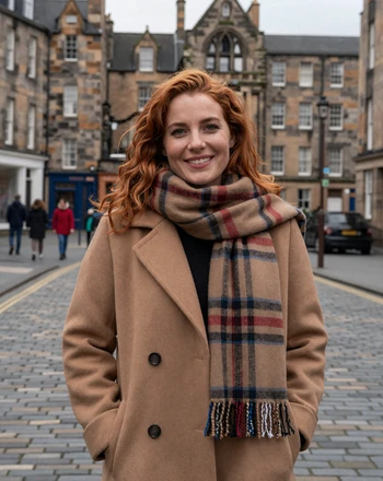 Fiona, 34, Scottish woman from Edinburgh on a cobblestone street with warm smile