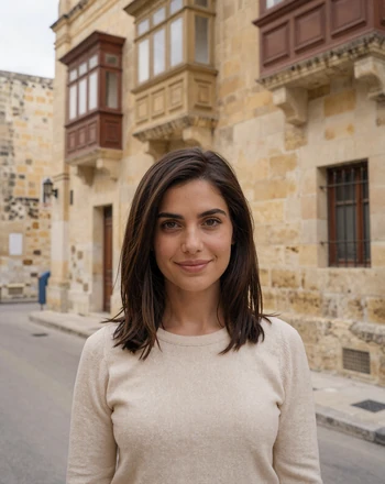 Theresa, 25, Maltese woman from Valletta with gentle smile on a honey-limestone street
