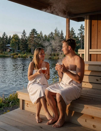 Couple relaxing on the terrace of a traditional Finnish lakeside sauna house at summer evening