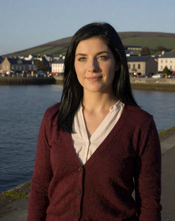 Róisín, 28, Irish woman from Galway standing on the waterfront promenade with Galway Bay and distant Burren hills