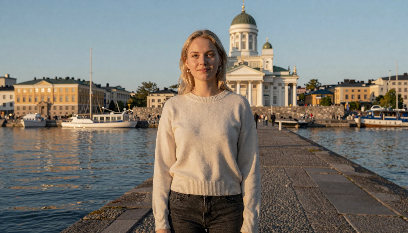 Beautiful Finnish woman standing on Helsinki waterfront promenade at golden hour with harbor and cathedral in background