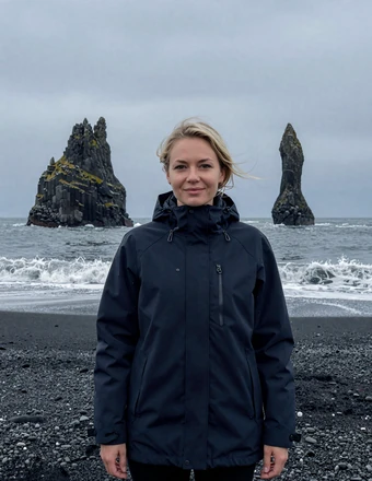 Confident Icelandic woman standing on a dramatic black sand beach with basalt sea stacks and crashing waves