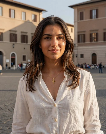 Chiara, 28, Italian woman from Prati neighborhood Rome wearing white blouse in a sunlit Roman piazza