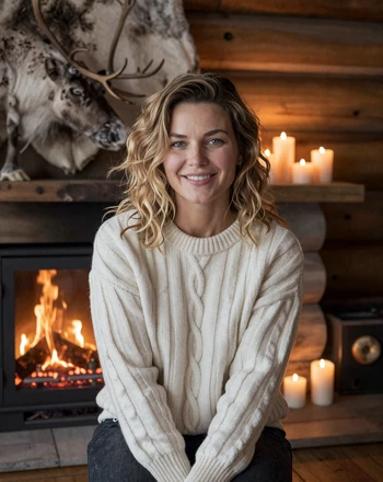 Noora, 35, Finnish woman from Rovaniemi sitting by a fireplace in a cozy Lapland cabin