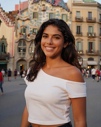 Carmen, 31, Spanish woman from Barcelona smiling warmly on a street with Gaudi architecture