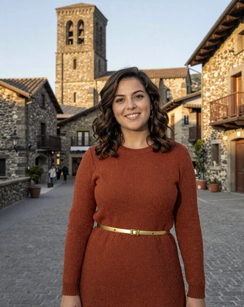 Clàudia, 31, Andorran woman in the quaint stone village square of Ordino with Romanesque church tower