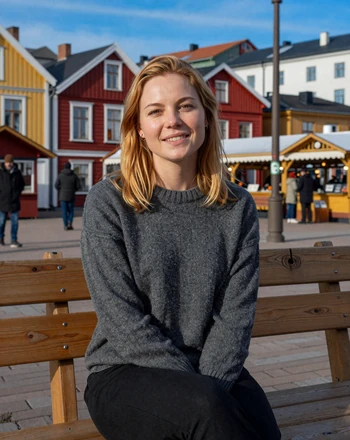 Elina, 33, Finnish woman from Oulu sitting in the market square with colorful wooden buildings