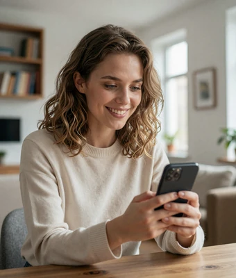 European woman having a genuine video call on her phone in a bright apartment
