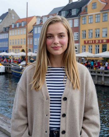 Maja, 26, Danish woman from Copenhagen with sandy blonde hair at the colorful Nyhavn harbor