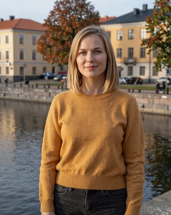 Katri, 32, Finnish woman from Turku with serene smile near the riverfront with autumn foliage