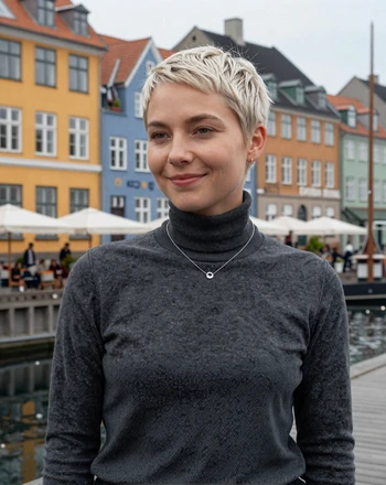 Astrid, 28, Danish woman from Copenhagen near colorful Nyhavn buildings