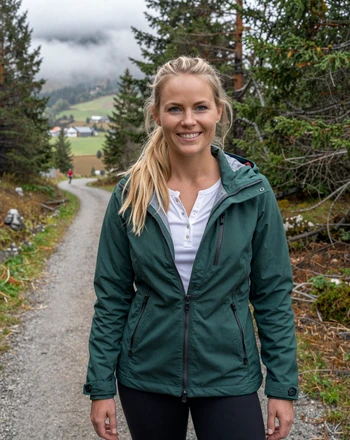 Maja, 28, Norwegian woman from Drammen smiling on a forested hiking trail with misty valley