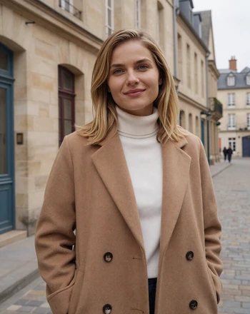 Sophie, 29, French woman from Bordeaux in a camel coat on a charming limestone street