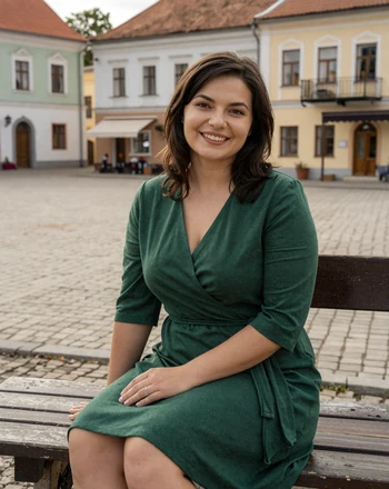 Austėja, 30, Lithuanian woman from Panevėžys sitting on a bench in a charming town square