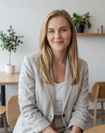 Saga, 30, Swedish woman from Malmö with friendly smile in a bright modern Scandinavian cafe