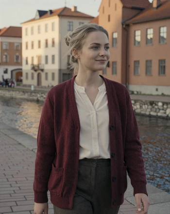 Emilia, 26, Finnish woman from Turku walking along the Aura River with medieval buildings behind