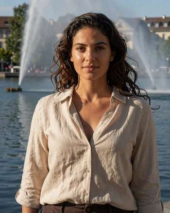 Noemi, 32, Swiss-French woman from Geneva standing near Lake Geneva with Jet d Eau in background