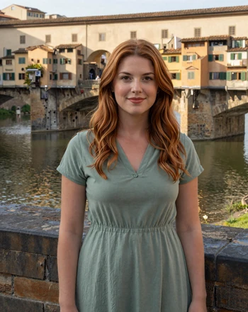 Chiara, 27, Italian woman from Florence standing on Ponte Vecchio with the Arno river behind her