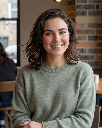 Emma, 29, British woman from London with warm smile in a cozy cafe