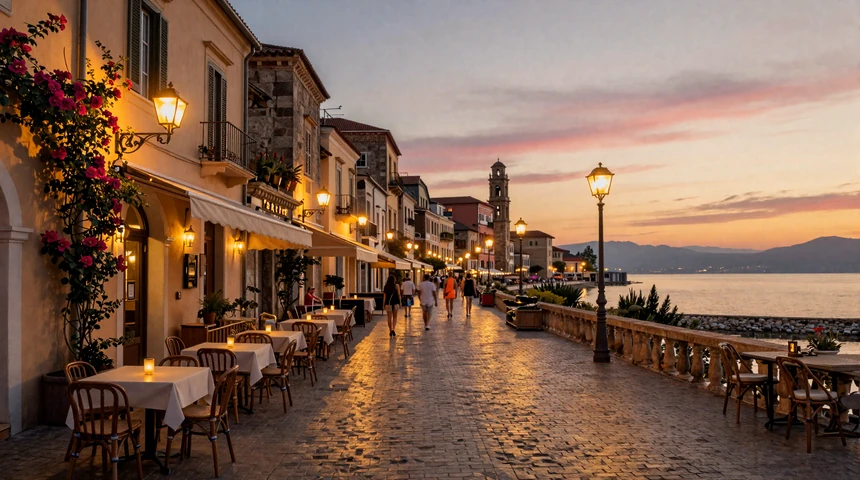 Romantic European evening streetscape with golden candlelit cafe tables on cobblestone streets beneath Mediterranean architecture