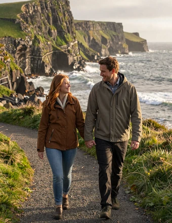 Happy American-Irish couple walking hand in hand along a scenic coastal path with green cliffs and the Atlantic Ocean at golden hour