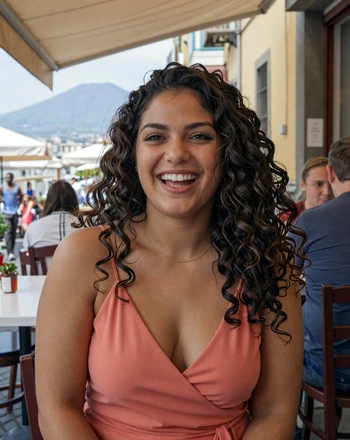 Valentina, 30, Italian woman from Naples laughing at a colorful street cafe with Vesuvius in the distance