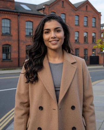 Sophie, 27, British woman from Manchester smiling in the Northern Quarter district
