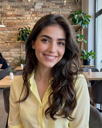 Stavroula, 26, Cypriot woman from Nicosia in a modern cafe with exposed brick walls and green plants