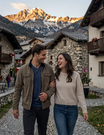 Happy American-Andorran couple walking through a picturesque Pyrenean village with stone buildings and mountain peaks at golden hour