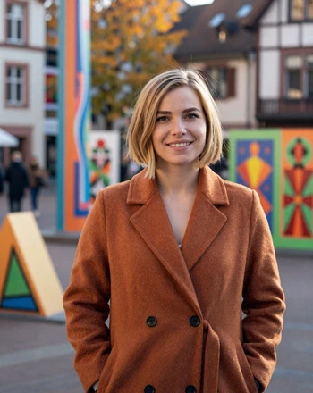 Mia, 30, Swiss woman from Basel in a stylish coat standing near colorful art in the old town
