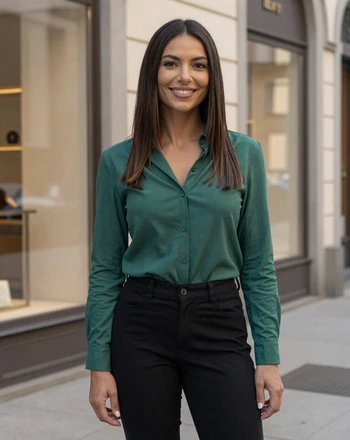Giulia, 32, Italian woman from Milan smiling in the Brera district wearing emerald blouse