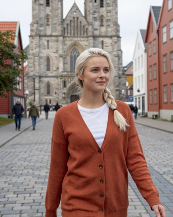 Sigrid, 27, Norwegian woman from Trondheim walking near Nidaros Cathedral in autumn