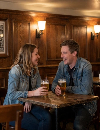 British couple enjoying a warm conversation in a traditional English pub