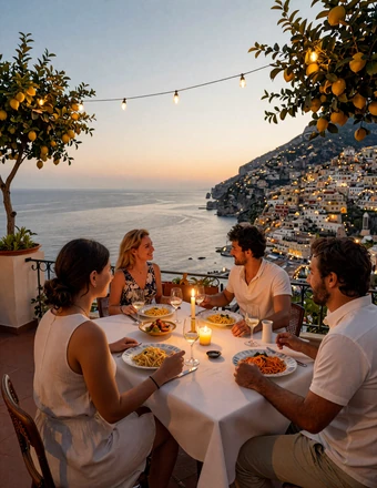 Romantic candlelit dinner on an Italian seaside terrace with pasta, wine, and Amalfi Coast views at sunset