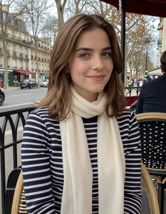 French woman at an outdoor Parisian cafe with a confident smile, elegant European style