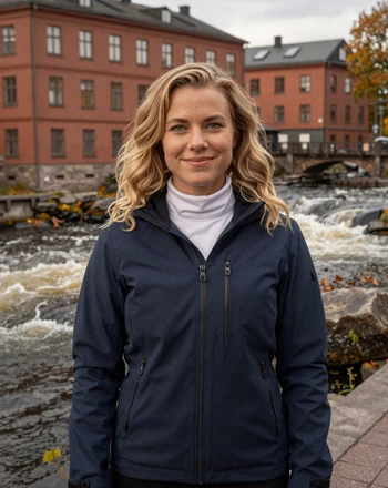 Saara, 31, Finnish woman from Tampere standing by the city rapids on an autumn afternoon
