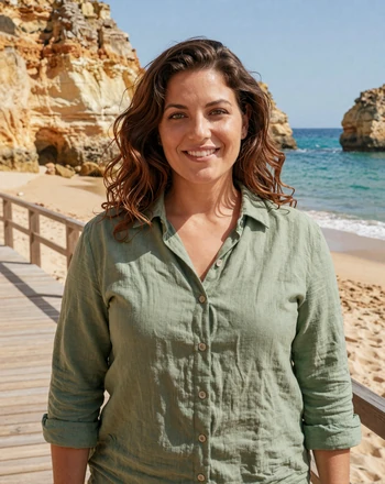 Carolina, 33, Portuguese woman from Faro on an Algarve beach boardwalk with golden cliffs