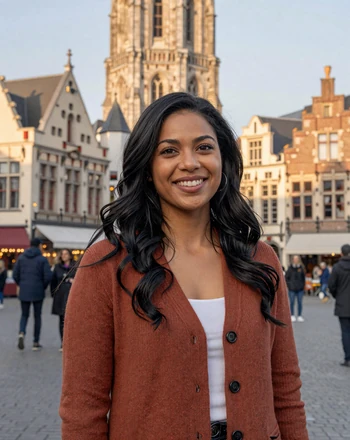 Ines, 30, Belgian woman from Mechelen standing in Grote Markt square with cathedral tower behind