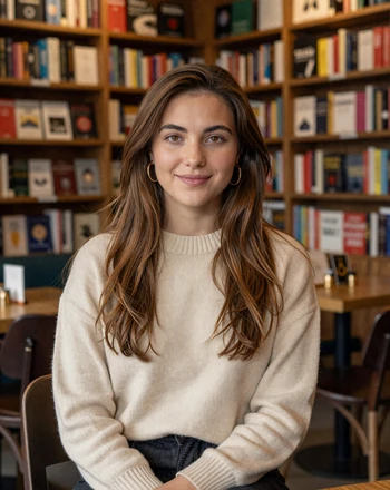 Sofia, 27, Greek woman from Athens sitting in a cozy bookshop cafe in Exarchia neighborhood