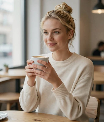 Maja, a Swedish woman enjoying coffee in a bright Scandinavian cafe, warm natural smile