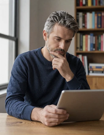 Man carefully reviewing dating safety information on a tablet in his living room