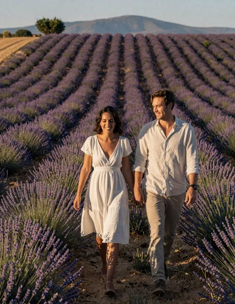 Happy American-French couple walking through a lavender field in Provence at golden hour