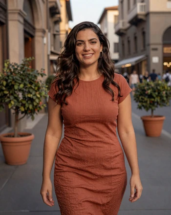 Giulia, 30, Italian woman from Milan with an expressive smile on a sunlit historic street