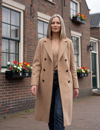 Stylish Dutch woman walking confidently through a charming Netherlands village
