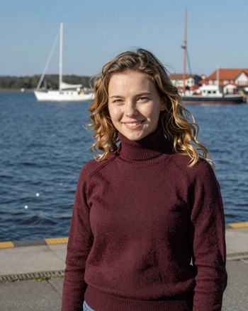 Eglė, 26, Lithuanian woman from Klaipėda standing near the Baltic Sea harbor with a playful expression